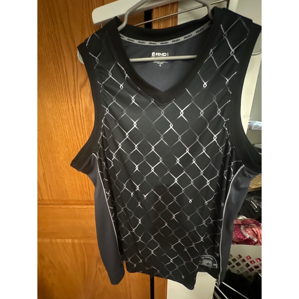 AND1 Mens Basketball Tank Top XL Black Grey Chain Link Fence Graphic Jersey